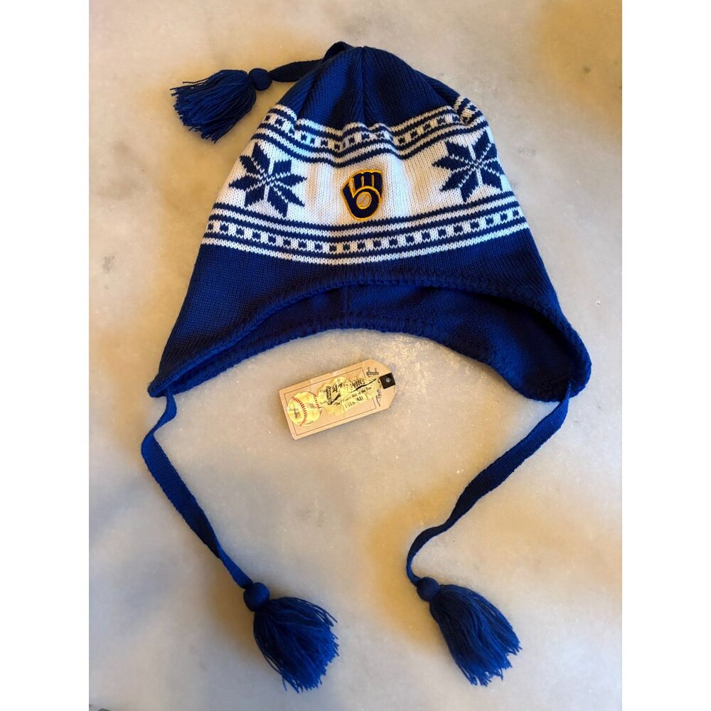 Milwaukee Brewers winter hat '47 Blue Wampatuck Sherpa Knit Hat Tassel fleece - Picture 2 of 7